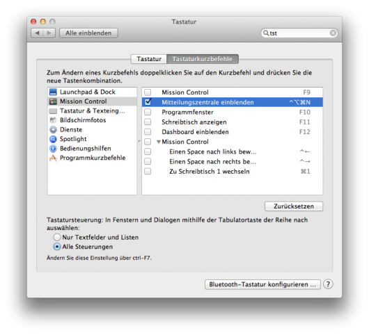 Anlegen eines Shortcuts in den Tastatur-Systemeinstellungen